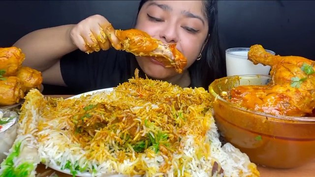 Mukbang Chicken Parda Briyani, Spicy Red Chicken Curry, Chicken Drum Stick, Raita, sweet lassi