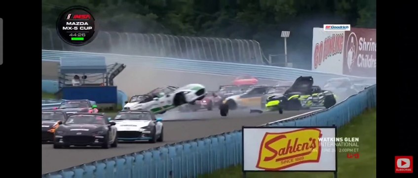 Mazda MX5 Cup 2023 Watkins Glen Race 2 Start Big Pile Up Crash Airborne