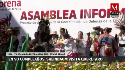 Sheinbaum realiza asamblea informativa en Plaza de Armas, Querétaro, durante su cumpleaños