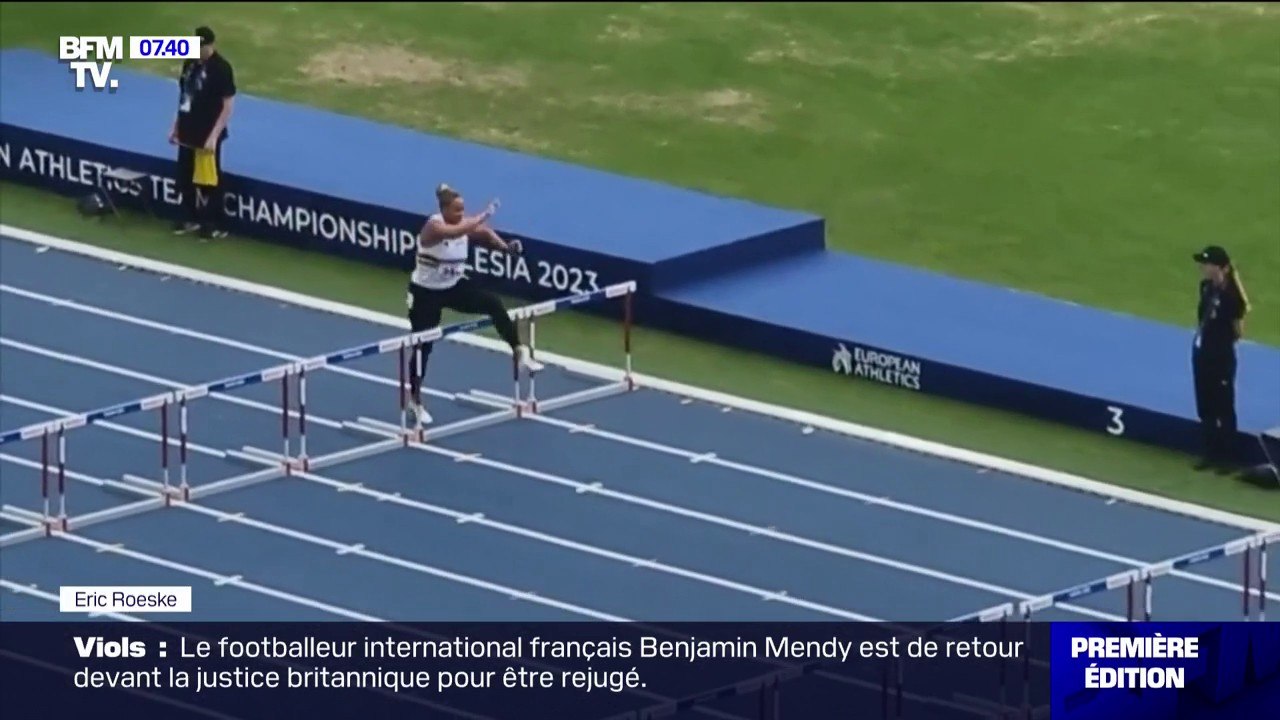 Une lanceuse de poids court le 100m haies lors des Jeux Européens d'athlétisme en Pologne