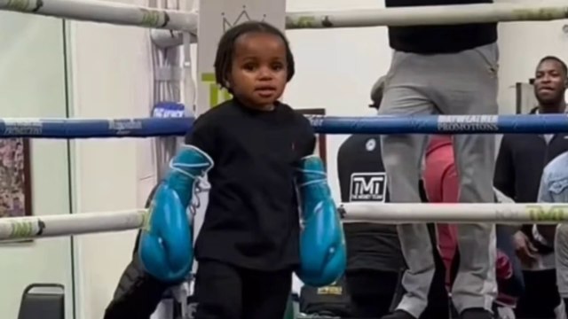 Floyd Mayweather adorable two-year-old grandson KJ shows off boxing skills with legendary pops