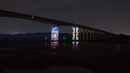 Tour of Britain projection on Orwell Bridge outside Ipswich