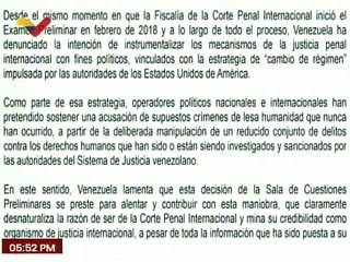 Venezuela manifiesta desacuerdo con decisión adoptada por la Sala de Cuestiones Preliminares (CPI)