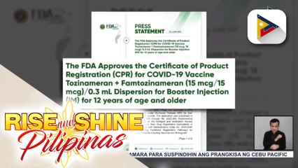 FDA, ginawaran na ng CPR ang bivalent COVID-19 vaccine ng Pfizer
