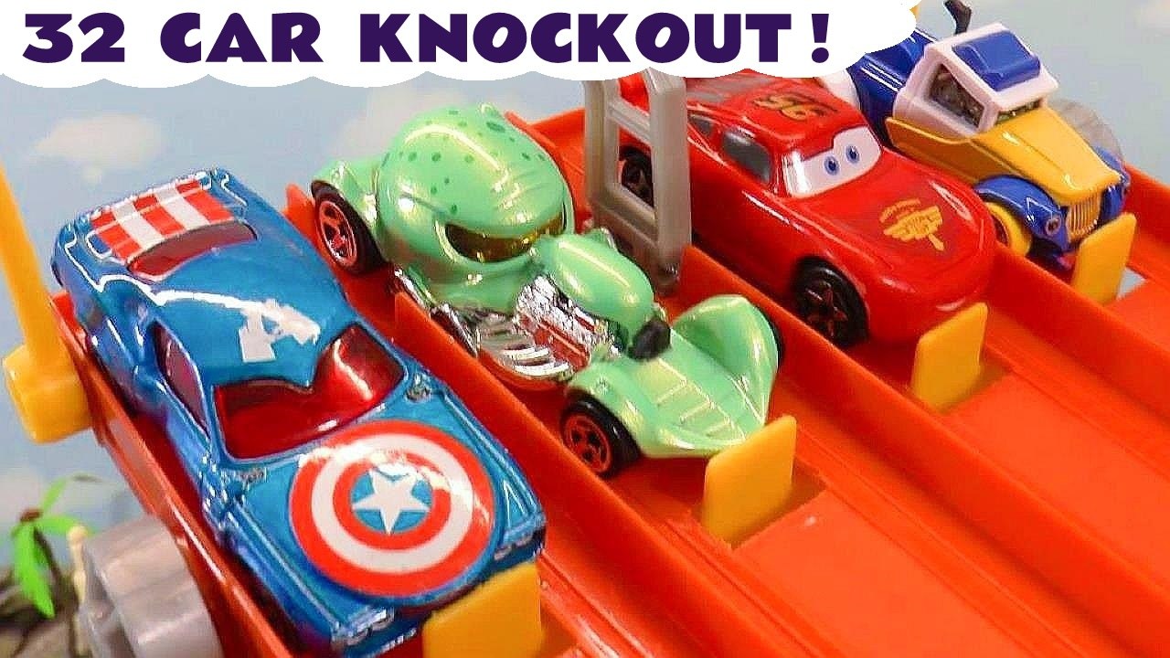 Cars GIANT 32 Car Knockout Challenge With Superhero Toy Cars Cartoon for Children
