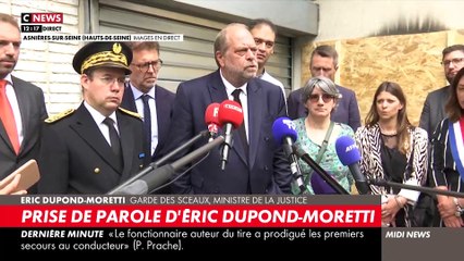 Nahel - Regardez la prise de parole du ministre de la Justice Eric Dupond-Moretti depuis Asnières-sur-Seine où le tribunal de proximité a été incendié - VIDEO