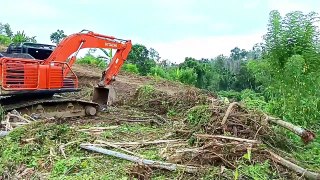 Hitachi 210 MF Excavator Moves Forest on Mountain Plantation
