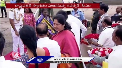 CM KCR, Governor Tamilisai Grand Welcome To President Murmu At Hakimpet Airport _ V6 News