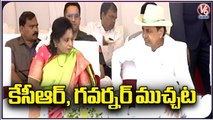CM KCR and Governor Tamilisai Chit Chat After Welcoming President Droupadi Murmu _ V6 News