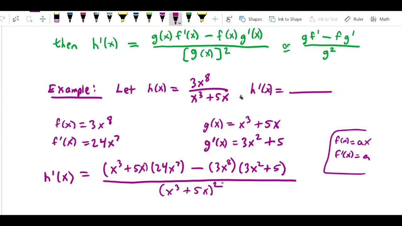 Derivative rules - quotient, exponential, trig, log