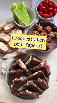 Aujourd’hui, pour l’apéro, je te propose des croques italien Pour cela, il te faut : - Des tranches de pain, de seigle et graines - Du jambon italien - De la mozzarella - De la salade - Et de l’huile d’olive Et ensuite tu regardes la recette