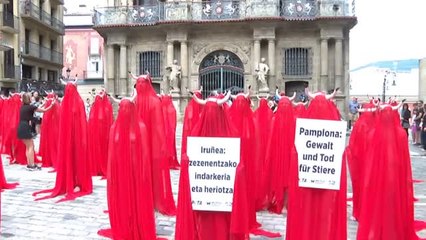 下载视频: Activistas de AnimaNaturalis y PETA protestan en Pamplona contra el maltrato animal en San Fermín