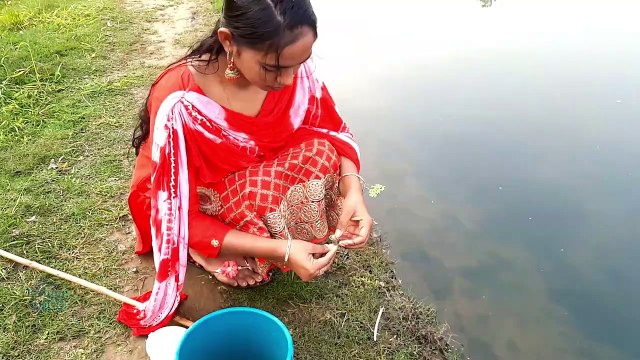 Beautiful Village Girl Fishing With Hook