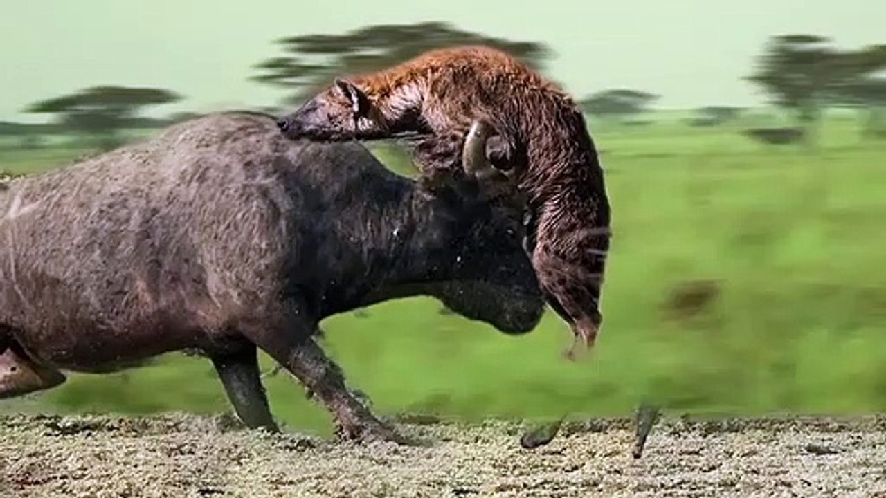 Mother Buffalo attacks Hyena very hard to save her baby, Wild Animals Attack (3)