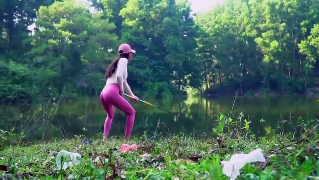 Amazing Fishing. Big Black Fishing Hook Girl with Snail