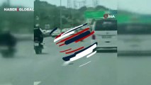 Kazaya davet çıkaran motosikletlilerin tehlikeli yolculukları kamerada