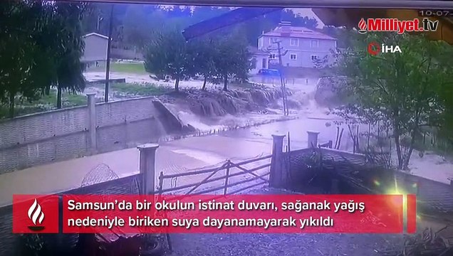 Okulun istinat duvarı sel sularına dayanamadı: Duvarın çökme anı kamerada