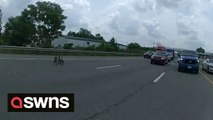 Police forced to stop traffic on a busy highway to escort - a gaggle of geese