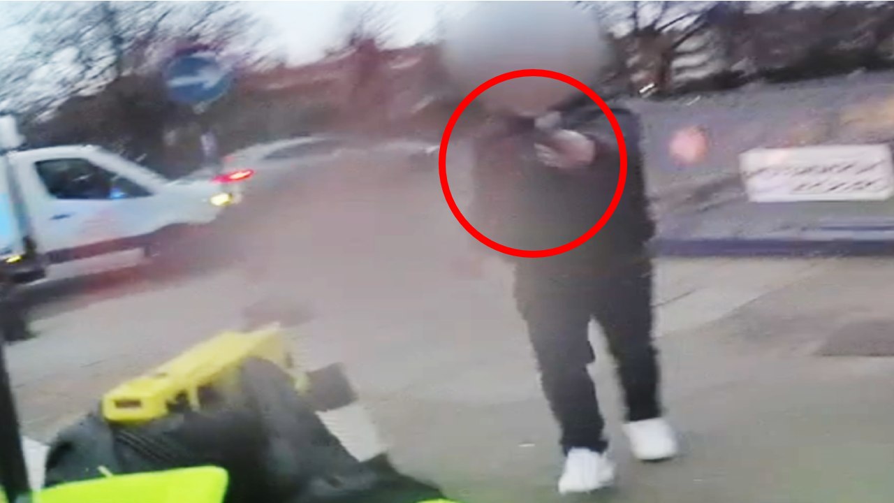 Dramatic Police Officer POV: Moment man points gun at Met police officer then gets apprehended