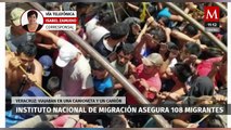 INM asegura a 108 migrantes en Veracruz, viajaban en dos vehículos