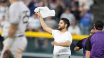 Yankees Shortstop Anthony Volpe Close To Overexuberant Rockies Fan Throw Shirt When Running On Field