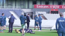 Heavily bandaged Chris Woakes stretching before Bairstow leads pitch inspection and players leave field after rain