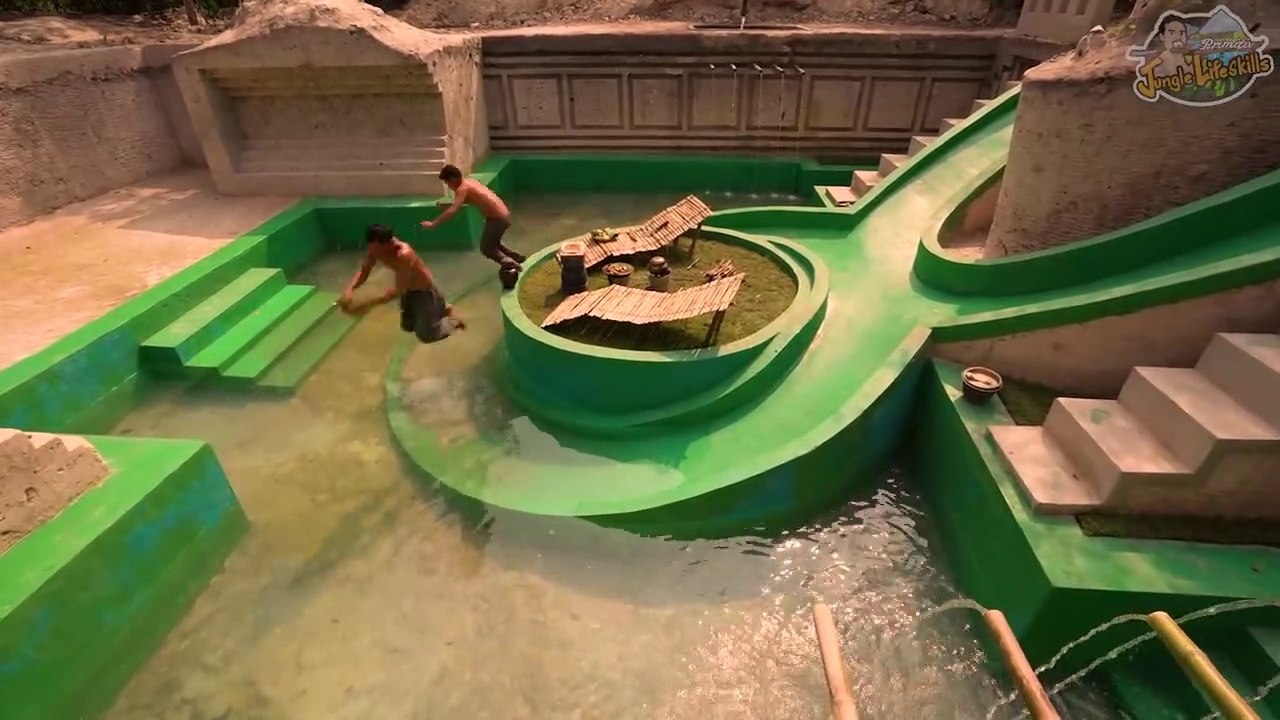100 Days Survive in Rainforest Building Underground Water Slide Park and Swimming Pool House