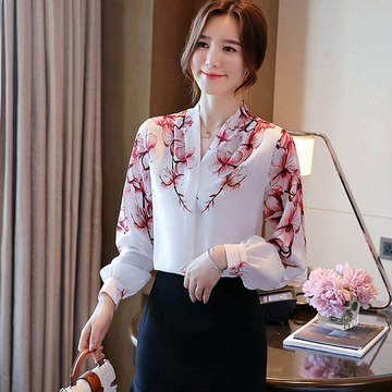 White Long-sleeved Shirt Women's Summer New Elegant V-neck Casual Loose Printed Silk Top
