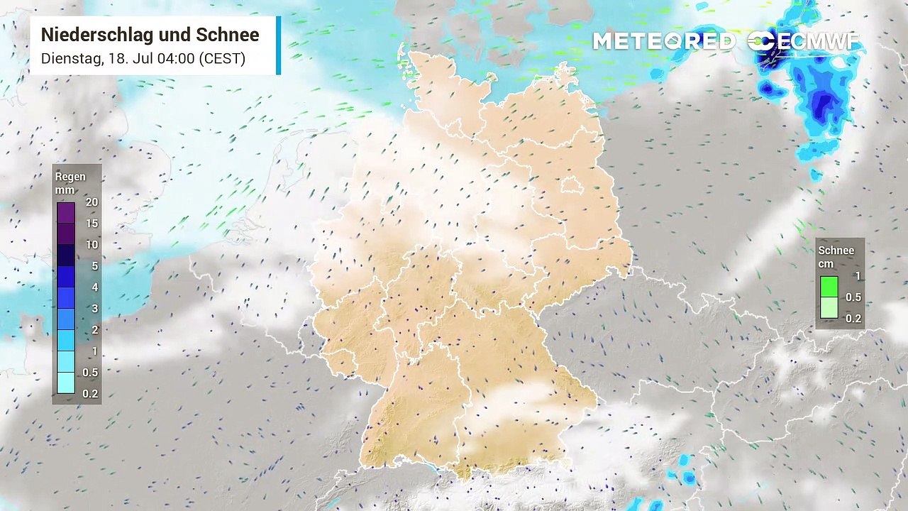 Kräftige Gewitter im Süden! In der Nacht auf Mittwoch (19. Juli 2023) kann es auch Unwetter geben!