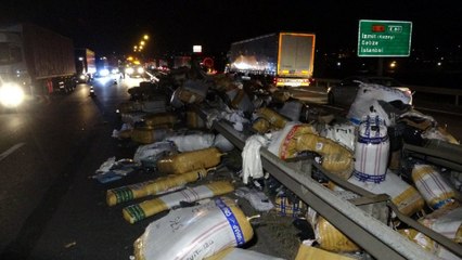 Video herunterladen: TEM'de TIR'ın yükü yola saçılıp, aydınlatma direğini devirdi: 3 yaralı