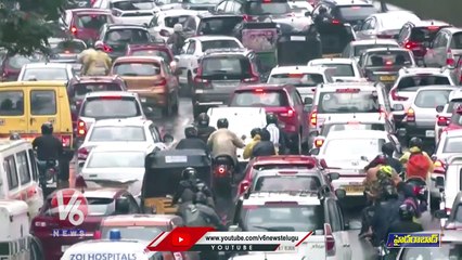 Heavy Traffic Jam In Hyderabad | Hyderabad Rains | V6 News