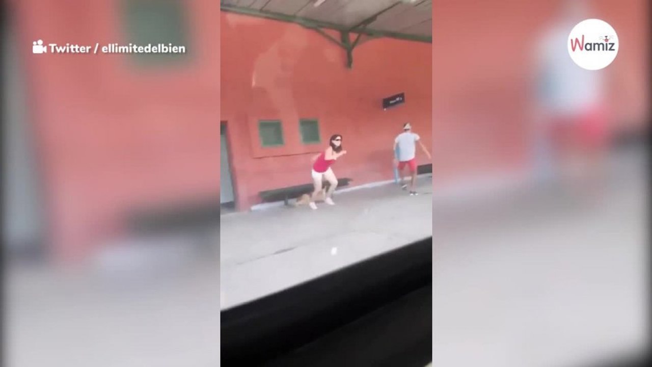 Woman with her dog at a train station starts ru...