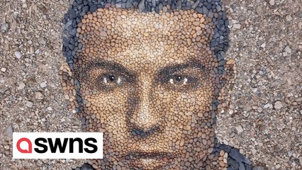 Artist creates portraits of famous figures using pebbles