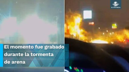 ¡Impactante! Rayo cae en poste y provoca explosión eléctrica en Guaymas, Sonora