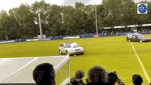 Watch as Gateshead vs Dunston football match descends into chaos when masked men in a HEARSE storm pitch & do wheelies