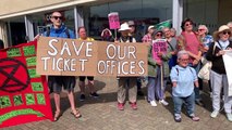 Save Our Ticket Offices rally outside Hastings Railway Station in East Sussex on July 22 2023