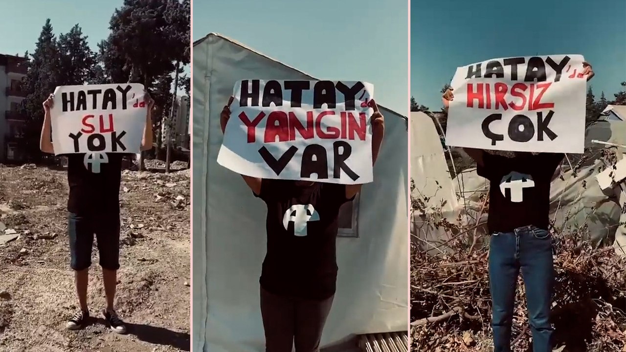 er pankartlarla seslendi: Hatay'da su yok, gıda yok; asbest var, yangın var!