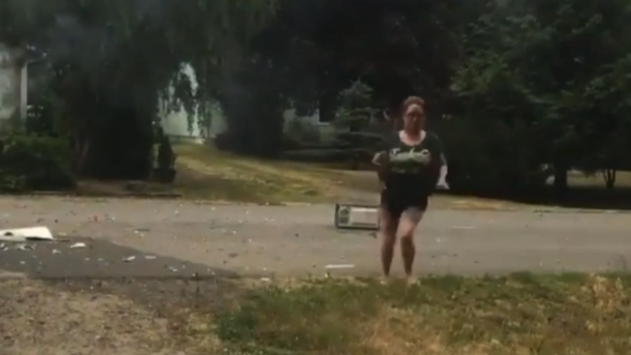 Woman almost taken out by FLYING MICROWAVE DOOR after fireworks go wrong
