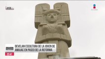Develan escultura de “La Joven de Amajac” sobre Paseo de la Reforma, CDMX