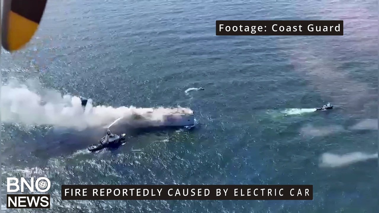 Cargo ship on fire off Dutch coast after electric car explodes video
