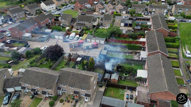Drone footage of firefighters dealing with blaze in Thetford garden