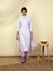 Pink Printed Cotton Straight Kurta With Palazzos & Dupatta