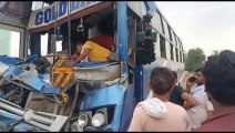 बहरोड: दिल्ली-जयपुर हाईवे पर बस और ट्रेलर में जबरदस्त भिड़ंत