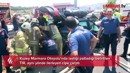 TIR'ın lastiği patladı, cipe çarptı! Yaralılar var