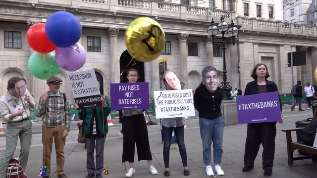 Campaigners gather outside Bank of England against the rises in interest rates amid the cost of living crisis