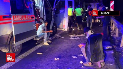 Düzce'de tomruk yüklü tıra minibüs çarptı