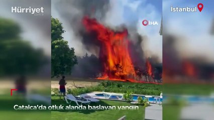 Çatalca'da otluk alanda başlayan yangın yerleşim yerine sıçradı