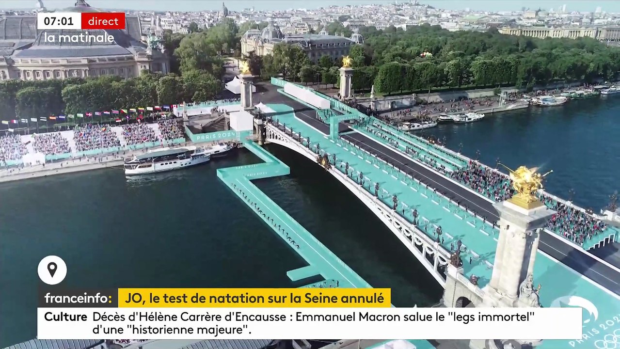 La compétition test pré-JO de natation qui devait se dérouler aujourd'hui dans la Seine annulée en raison de la pollution du fleuve, annonce World Aquatics, la fédération internationale de natation - VIDEO