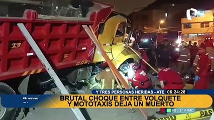 Download Video: Ate: brutal choque entre volquete y mototaxis deja un muerto y tres heridos