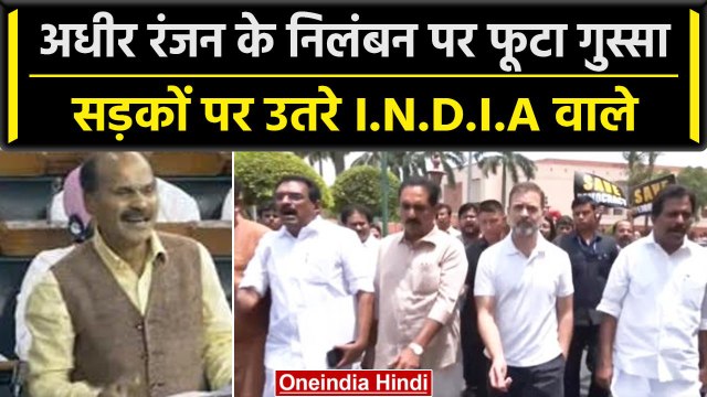 Adhir Ranjan Chowdhury के निलंबन पर Congress का प्रदर्शन, Rahul Gandhi भी मौजूद | वनइंडिया हिंदी